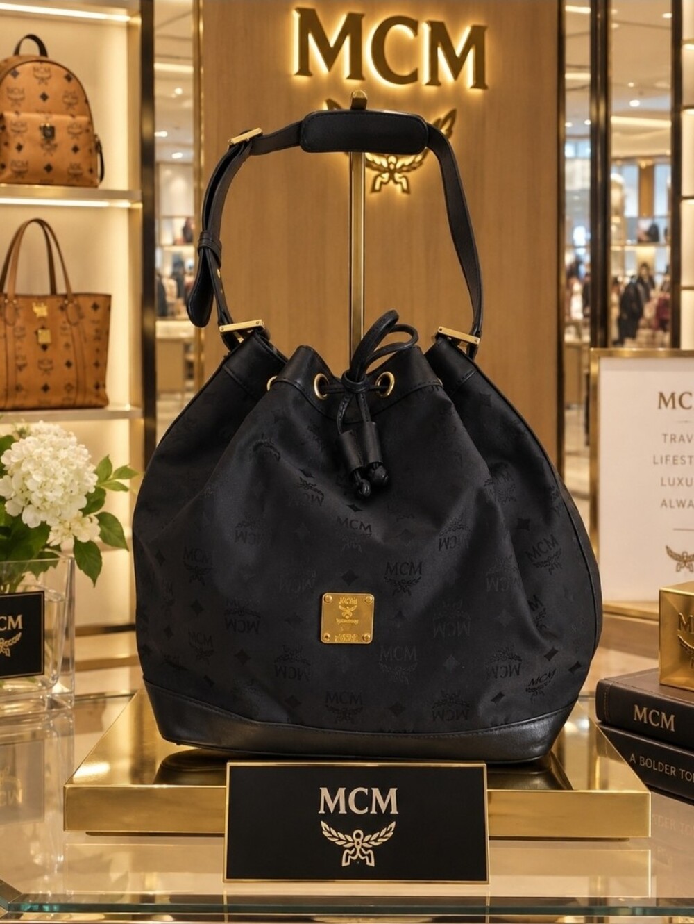 Large MCM Black Drawstring Logo-Print Bucket Shoulder Bag with Gold Plaque